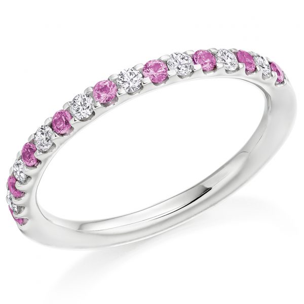 9 carat white gold diamond and pink sapphire eternity ring