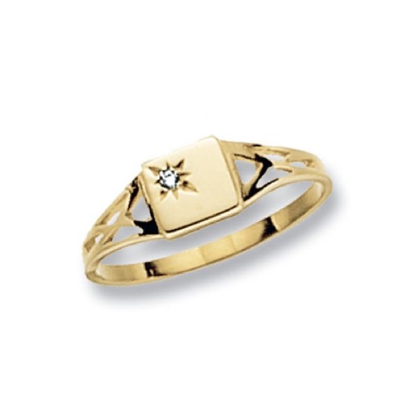 9 carat yellow gold square shaped maidens signet ring set with a cubic zirconia
