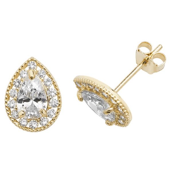9 carat yellow gold pear shaped earrings set with Cubic Zirconias