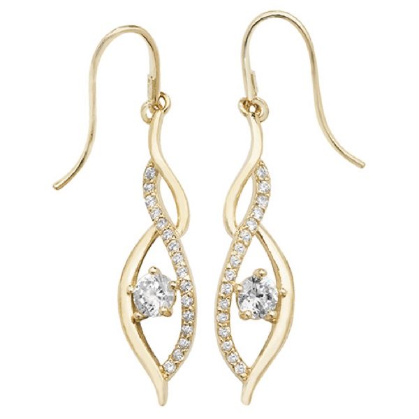 9 carat yellow golf fish hook style earrings set with cubic zirconias