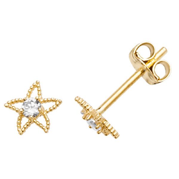 9 carat yellow gold star shape earrings set with a cubic zirconia