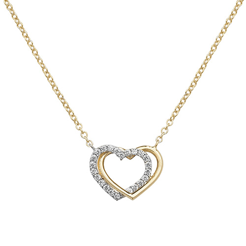 9 Carat Yellow And White Gold Cubic Zirconia Double Heart Necklace