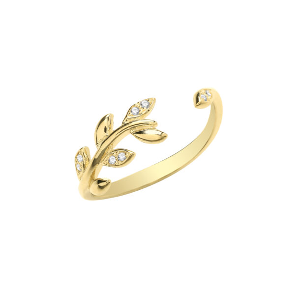 9 carat yellow gold leaf ring set with cubic zirconias