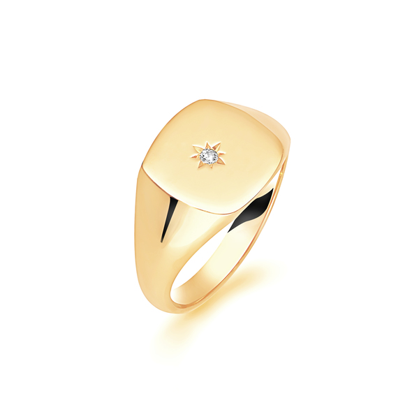 9 carat yellow gold cushion shape signet ring set with a diamond