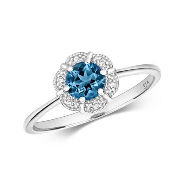 9 carat white gold diamond and blue topaz dress ring