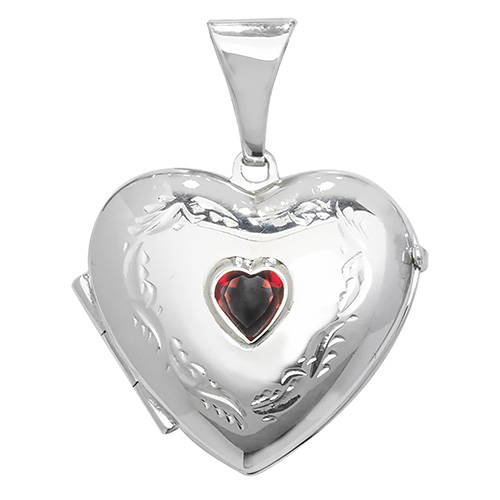 Sterling Silver Garnet Heart Shaped Locket