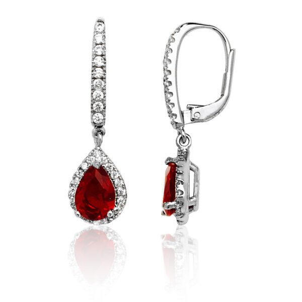 silver red cz drop earrings