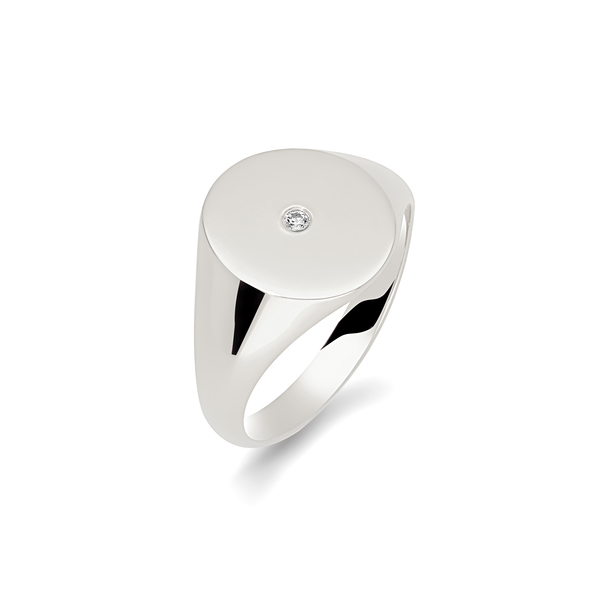 9 carat white gold diamond set oval signet ring