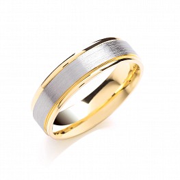 6mm Gold Two Colour Matt Centre Patterned Wedding Ring
