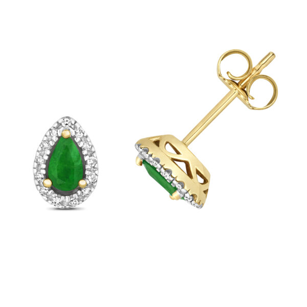 9 carat yellow gold emerald and diamond earrings pear shape