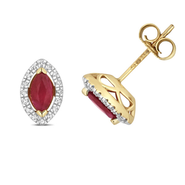 9 carat yellow gold ruby and diamond marquise shape earrings