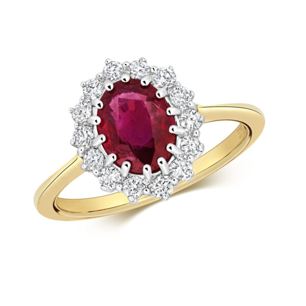 9ct yellow gold diamond and ruby cluster ring