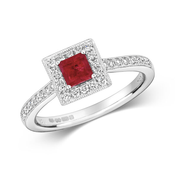9 carat white gold square ruby and diamond ring