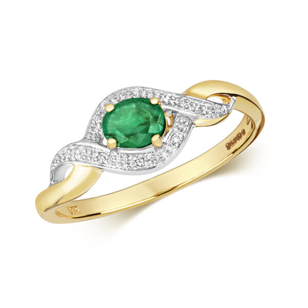 9 carat yellow gold fancy oval emerald and diamond ring