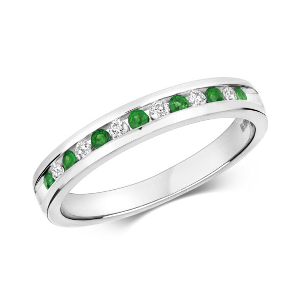 9 carat white gold emerald and diamond channel set half eternity ring