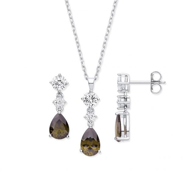 sterling silver smokey quartz cz and white cz jewellery set