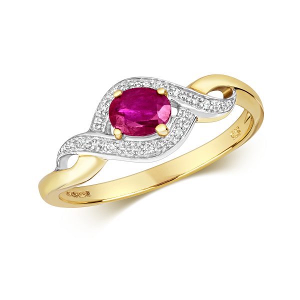 9 carat yellow gold cross over style ruby and diamond ring