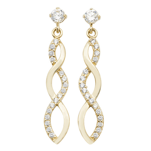 9 carat yellow gold infinity drop earrings set with cubic zirconias
