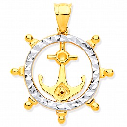 9 carat yellow and white gold ships wheel and anchor pendant
