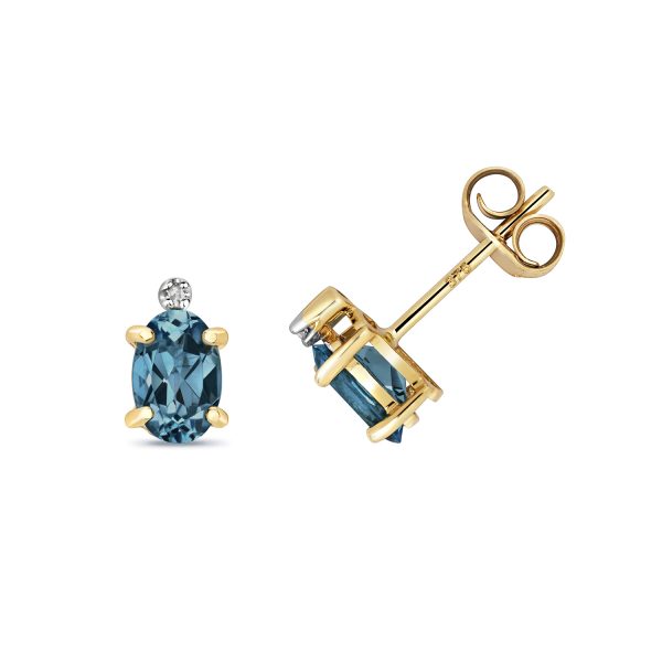 9 carat yellow gold oval london blue topaz and diamond earrings