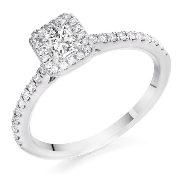 radiant cut and brilliant cut diamond halo ring