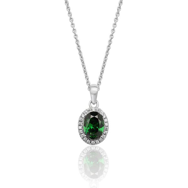 silver green cz oval halo pendant and chain