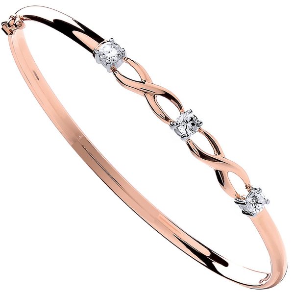 9ct rose gold bangle with three cubic zirconias