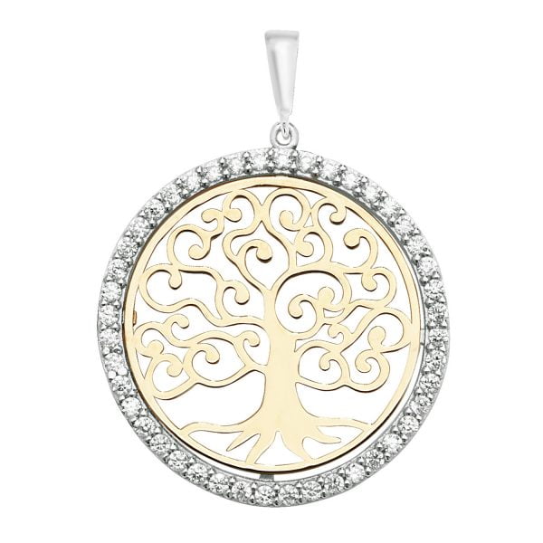 9 ct white and yellow gold cz tree of life pendant