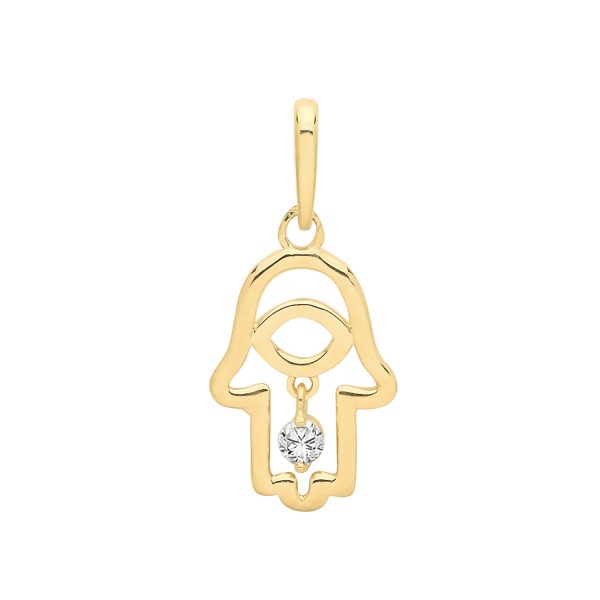 9 carat yellow gold hamsa pendant with a dangle cz