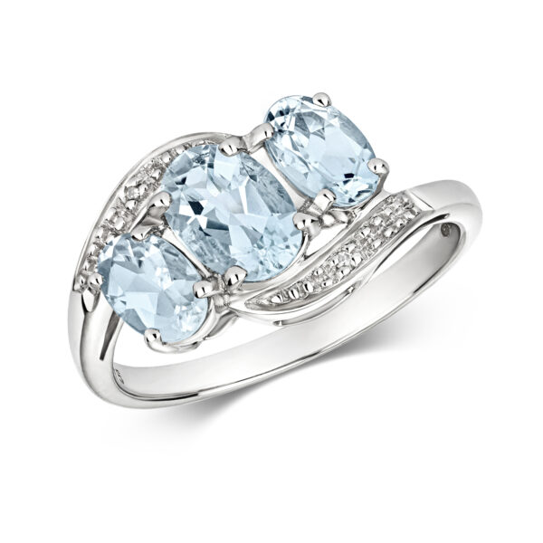 9ct White Gold Aquamarine And Diamond 3 Stone Ring
