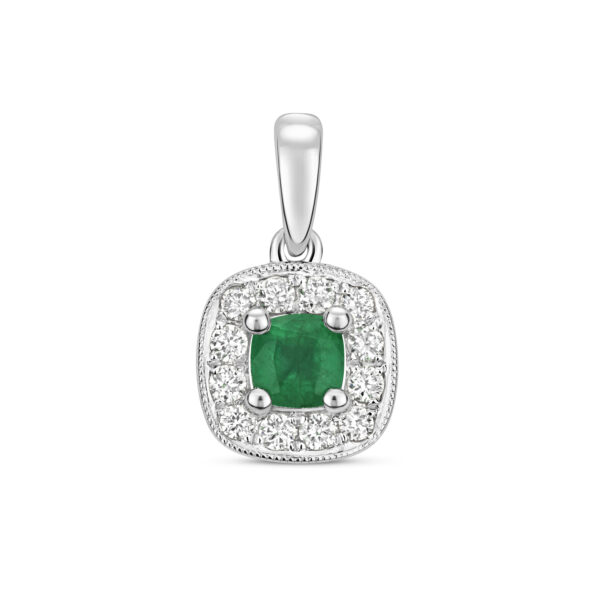 9ct white gold emerald and diamond cluster pendant