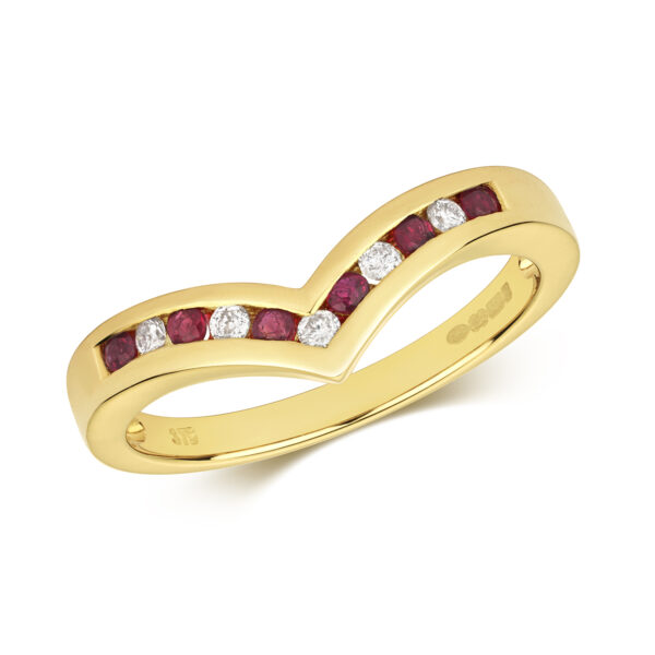 9 carat yellow gold ruby and diamond wishbone ring