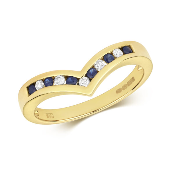 9 carat yellow gold sapphire and diamond wishbone eternity ring