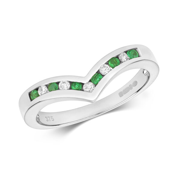 9 carat white gold emerald and diamond wishbone eternity ring