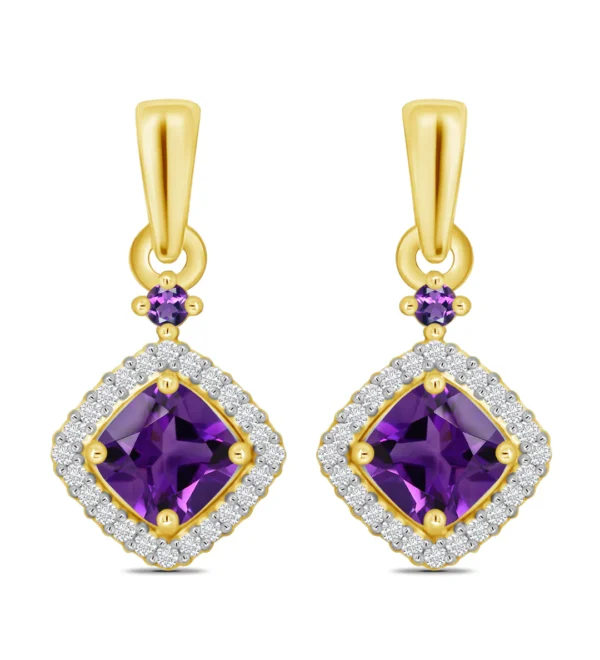 9 carat yellow gold amethyst and diamond drop earrings